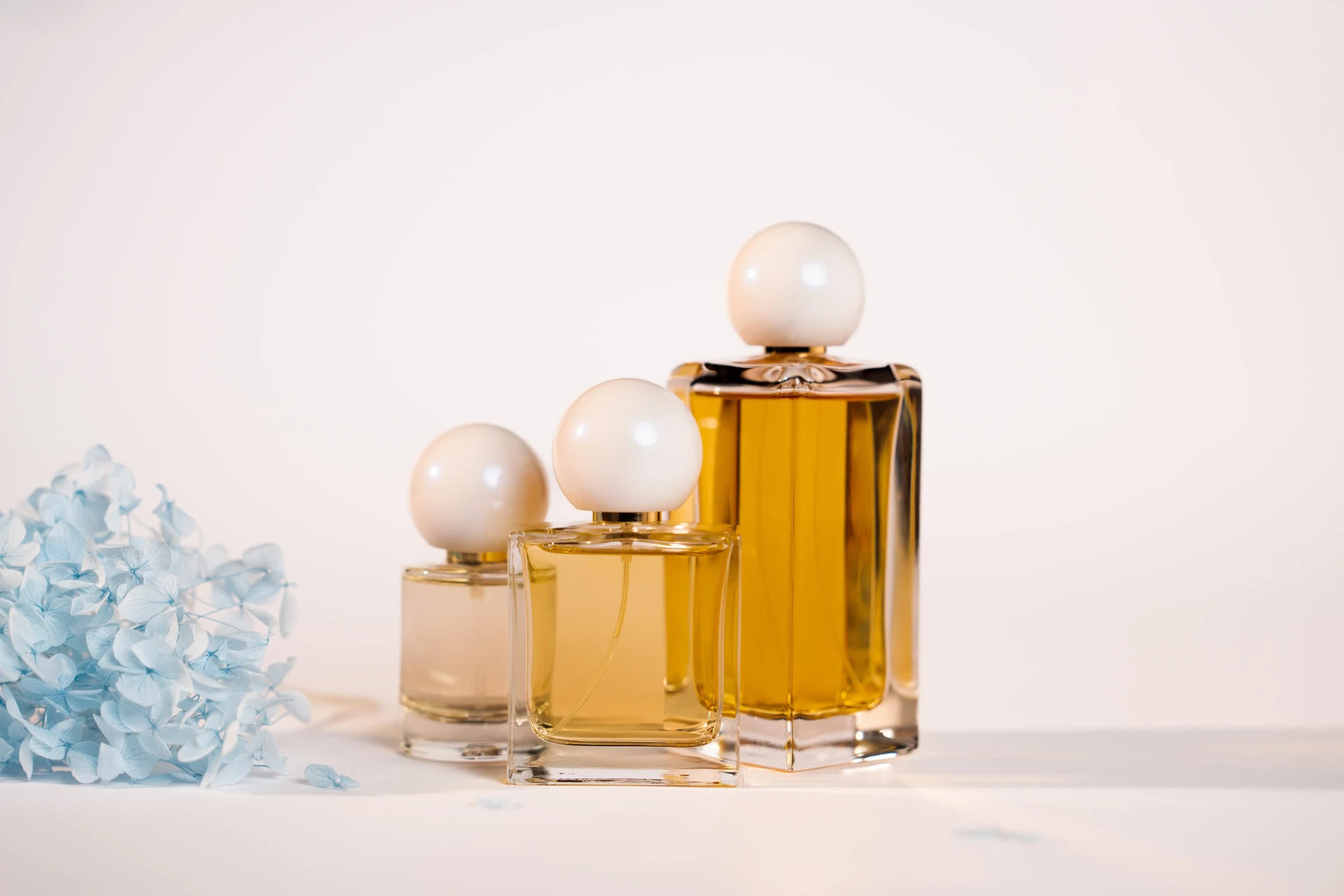 Tre flaconi da profumo in vetro di formati diversi, con tappo sferico bianco, accanto a un'ortensia azzurra